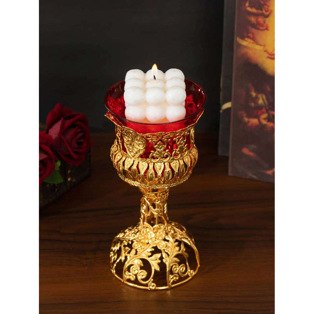 Cross-border hot selling metal red glass bowl cup European style ornament candle holder W260226