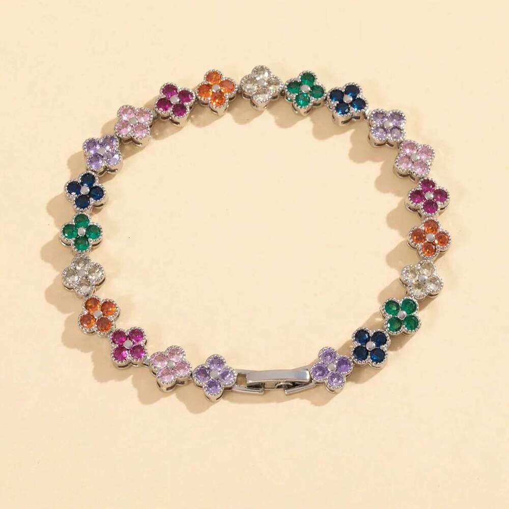 A Colorful Lucky Four-Leaf Flower Bracelet Inlaid With Zircon, Luxurious And High-End Small Fragrance Style, Versatile For Women Z260225