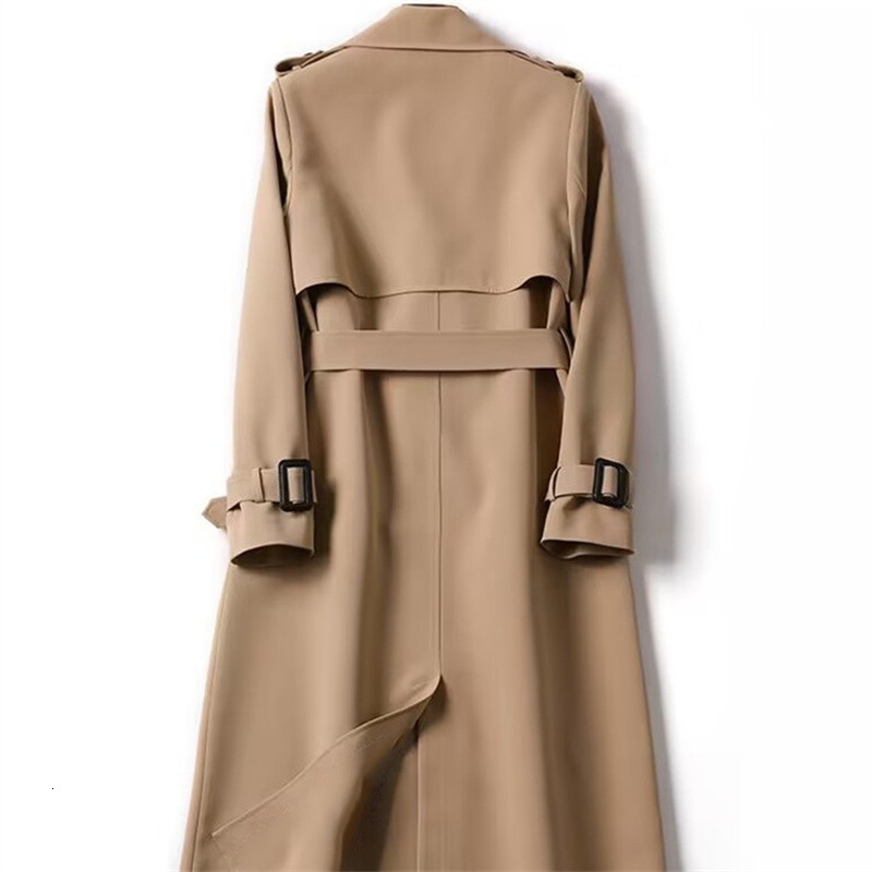Khaki Lined Lapel Long Trench Coat Women Fashion Double Breasted Full Sleeves Jacket With Pocket Autumn Lady Commute Windbreaker 240906