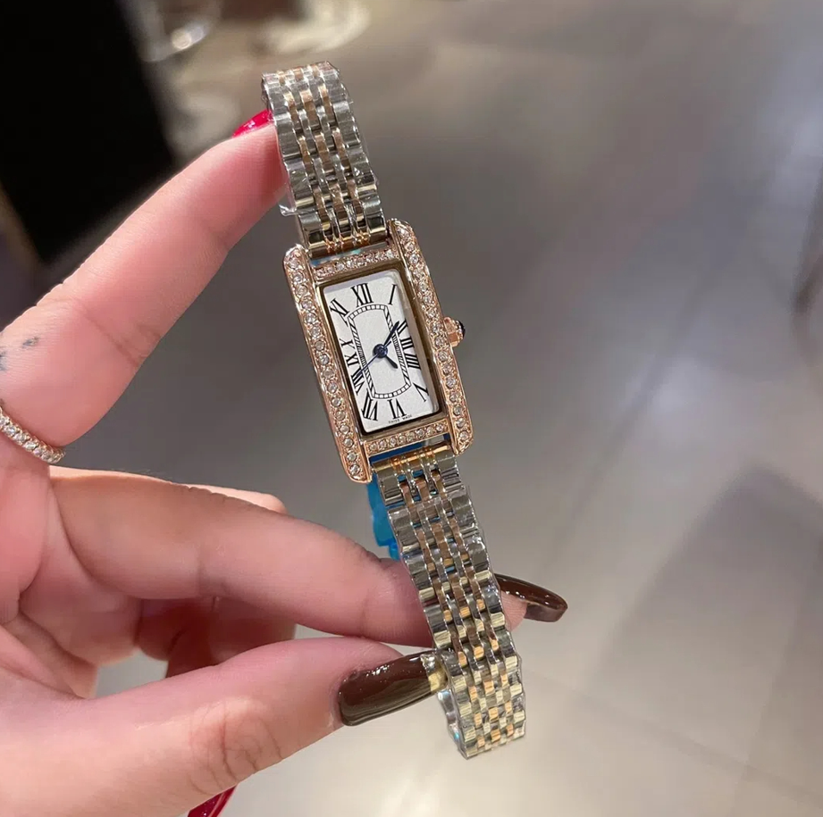 Luxury Gold Ladies TANKitty Brand Watch Fashion Square With Diamonds Simple Women Quartz Watches Stainless Steel Strap Dress Clock #11