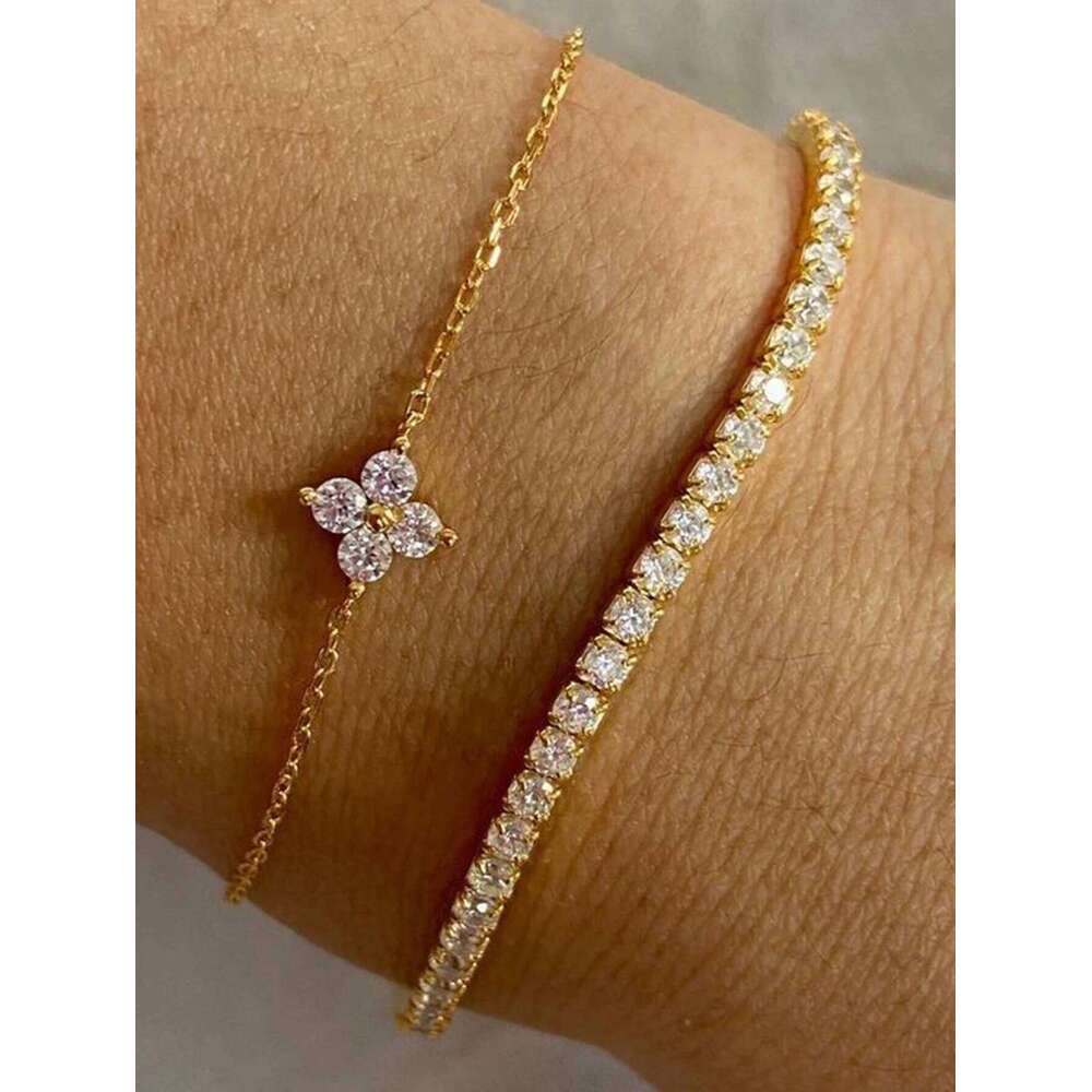 2pcs Simple Cubic Zirconia Flower Water Chain Women's Bracelet Set Daily Office Jewelry Z260225