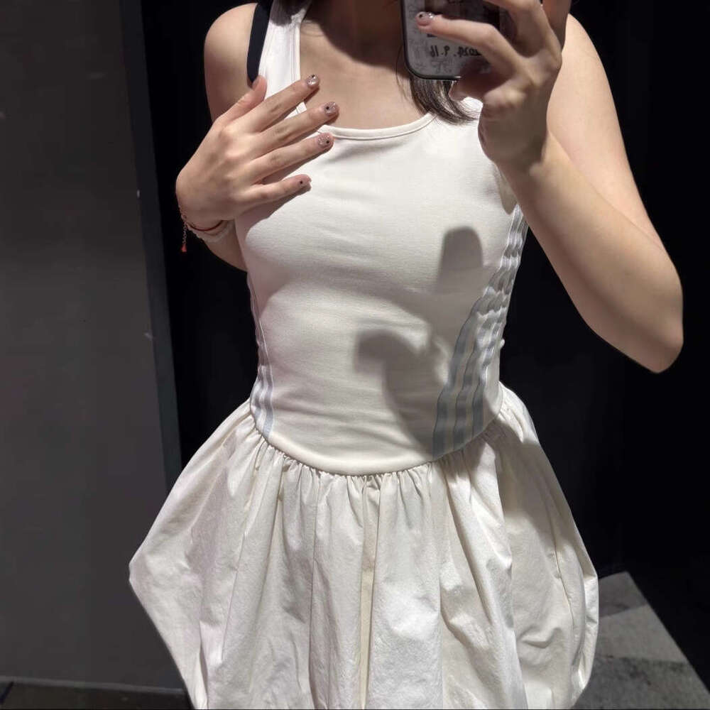 Mardi Hefxessdr High end version Three stripes summer new fashion ballet style color blocking slim fit floral tank dress short skirt Half sleeved loos