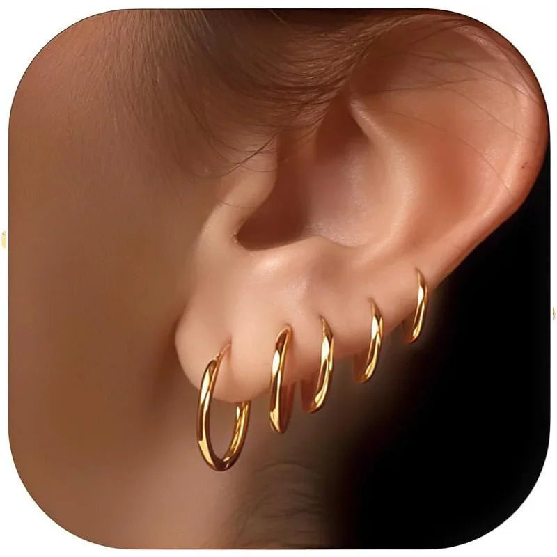 5 Pairs 14K Gold Plated Huggie Hoop Earrings for Women Lightweight Minimalist Small Hoops Multiple Piercing Stack Set 260126