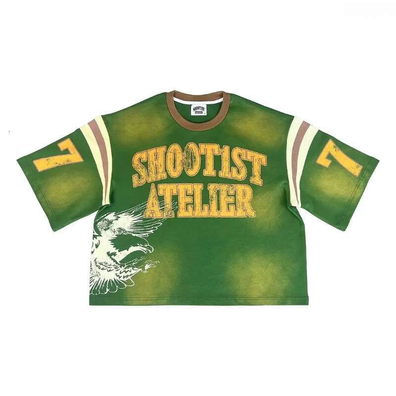 Men's T-shirt Trendy Distressed Eagle Letter Dark Green Base With Retro Yellow Letter Print Contrasting Striped Shoulder Details