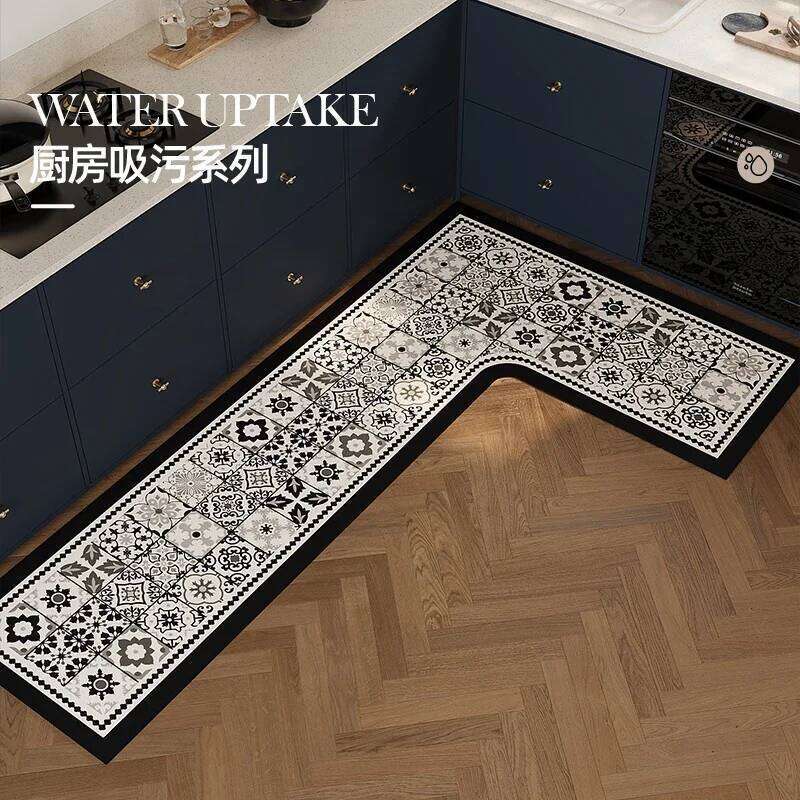 Corner L-shaped Kitchen Carpet Retro Floral Pattern PVD Floor Ethnic Style Plaid Waterproof Rug Non-slip Scrubbable Foot Mat W260226