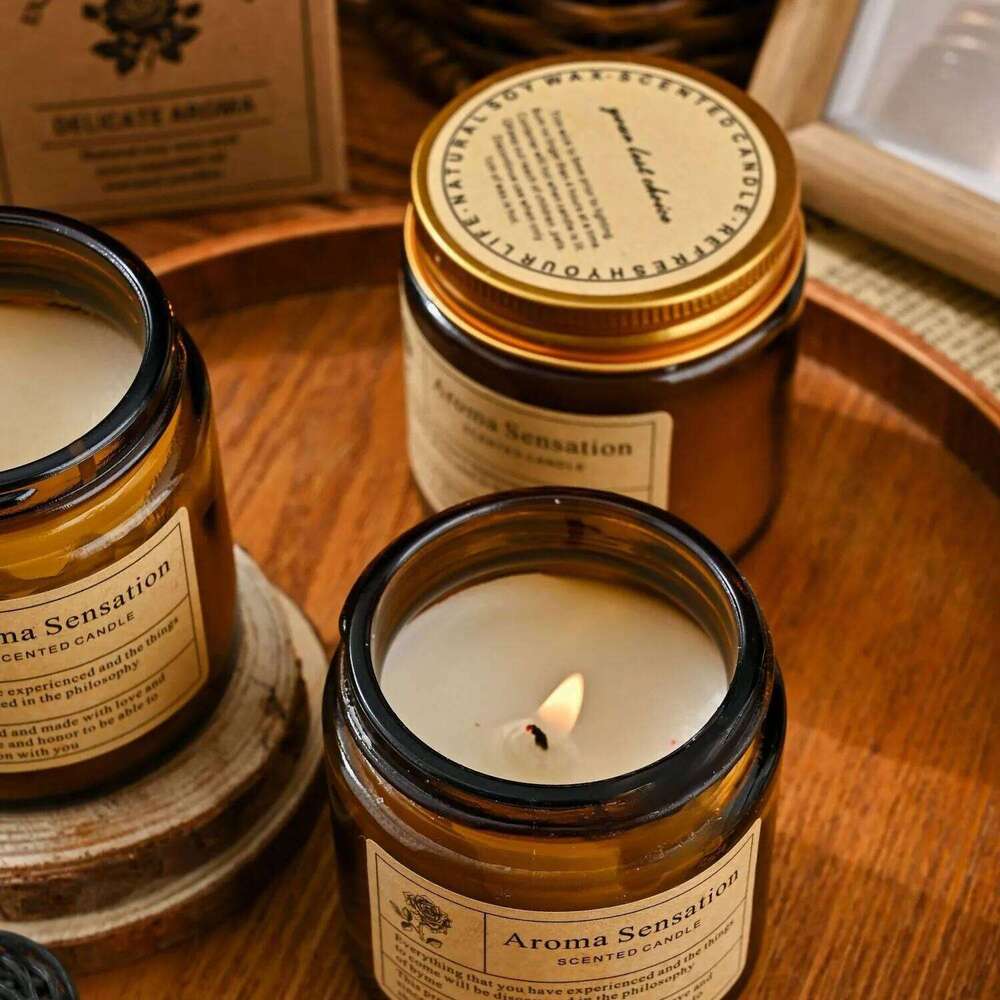 Small Batch Amber Glass Scented - Vintage Smokeless Romantic Candle for Home Party Garden Table Decor W260226