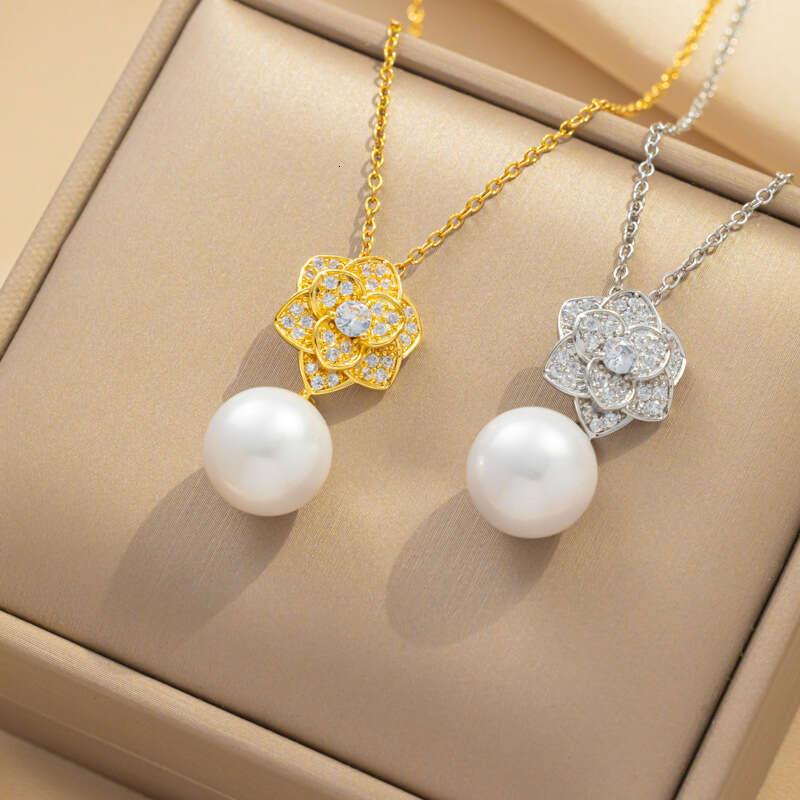Camellia Flower Women's Necklace Internet Celebrity Pearl Necklace Elegant Zircon Accessory