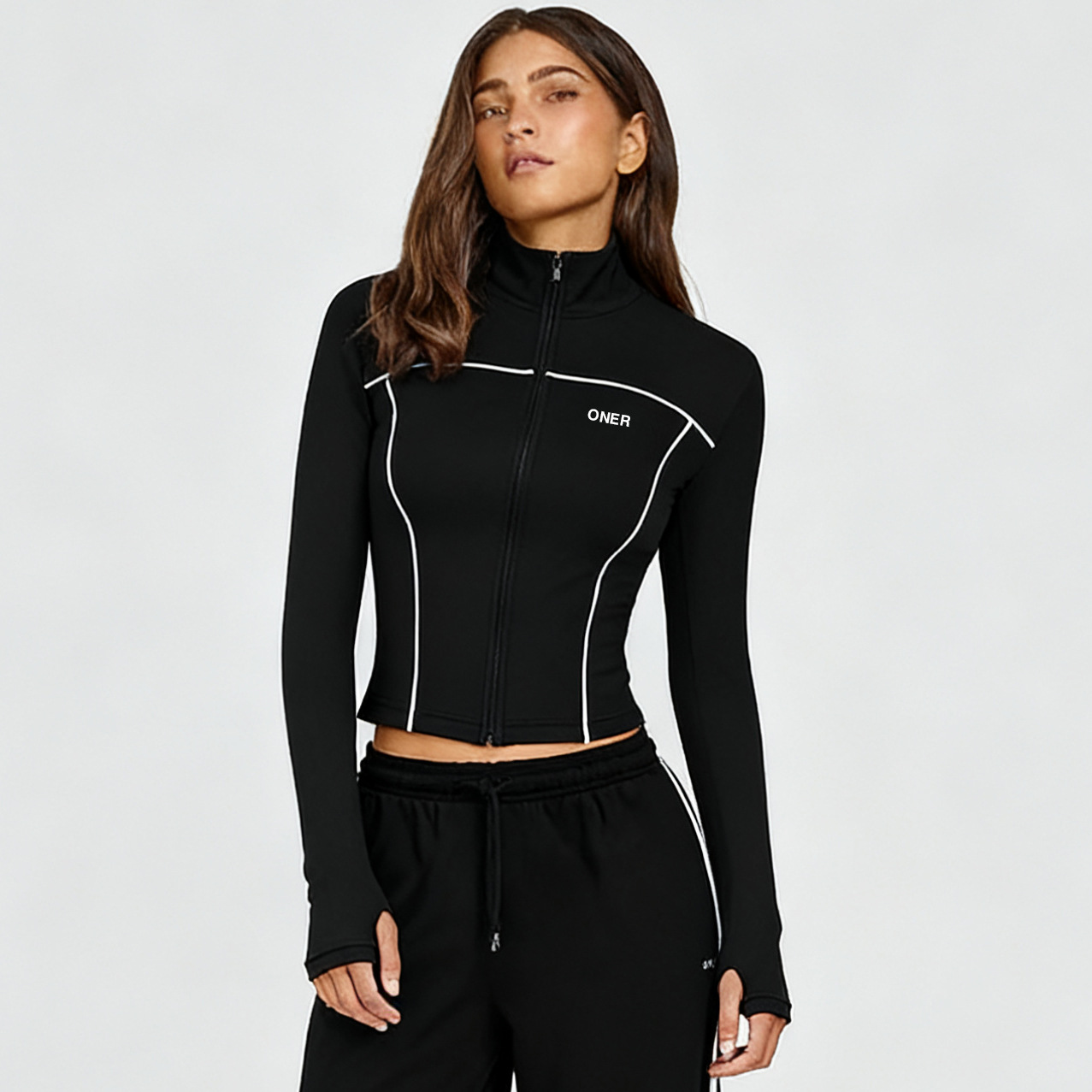 Oner Active Spring and Autumn Tight Top Women's Long Sleeve Contrast Short Yoga Top Outdoor Sports Running Fitness Jacket