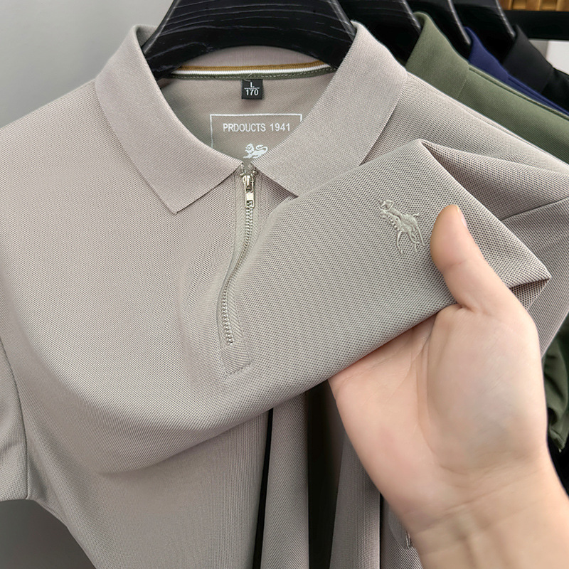 Mens Embroidered Pony Polo Shirt with Half Zipper - Trendy Short Sleeve Design