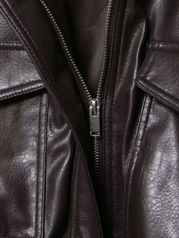 Womens Faux Leather Short Jacket Coat Long Sleeve High Collar Chic Top with Flap Pockets Female Outerwear 260128