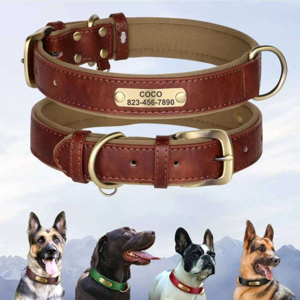 Personalized Leather Custom Soft Padded Dog Collars Durable Pet ID Tag Collar Adjustable for Small Medium Large Dogs