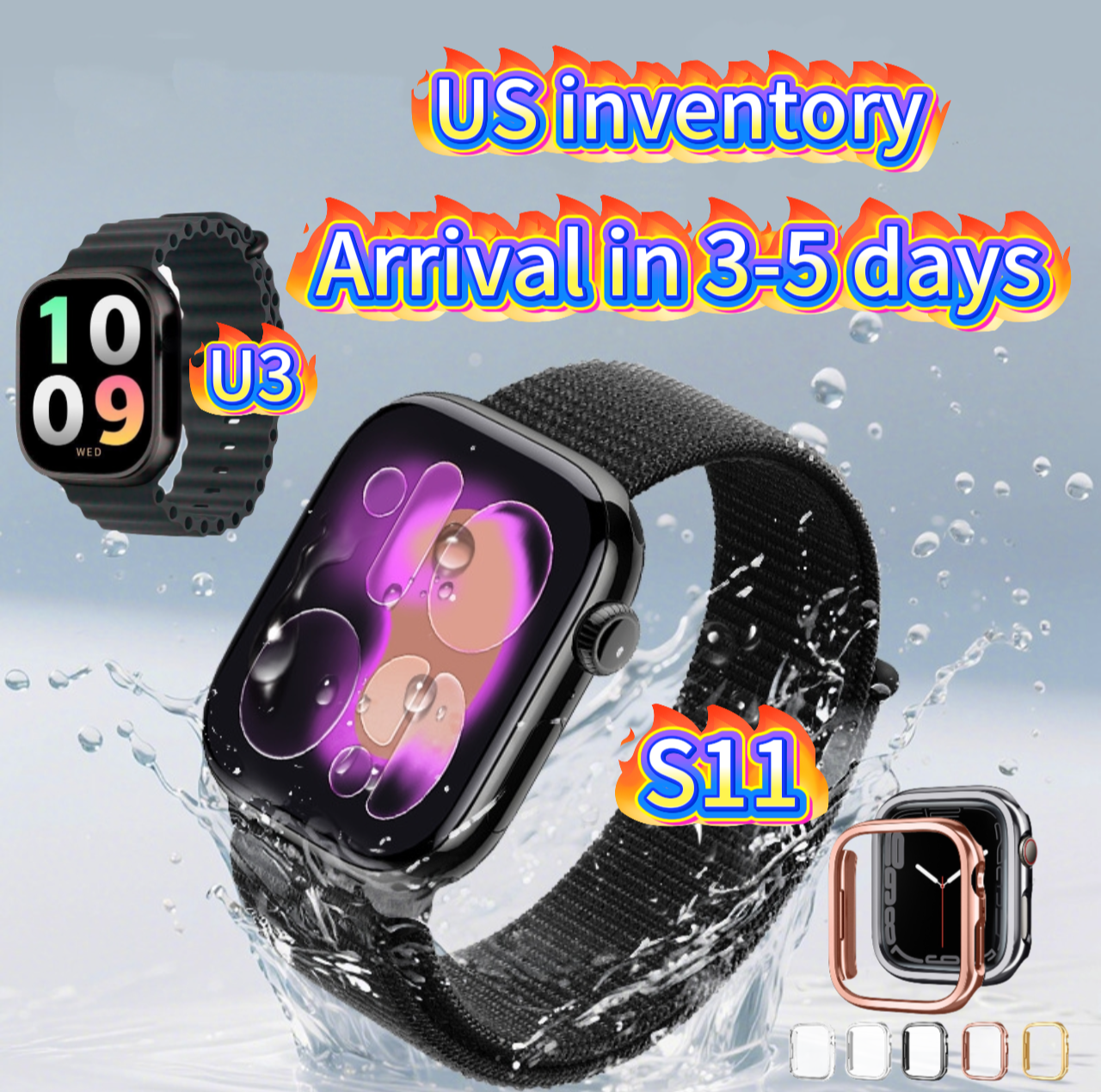 US Stock - Silicone protective case for Apple Watch Series S11/U3, 46mm dial, HD touchscreen, voice calling.