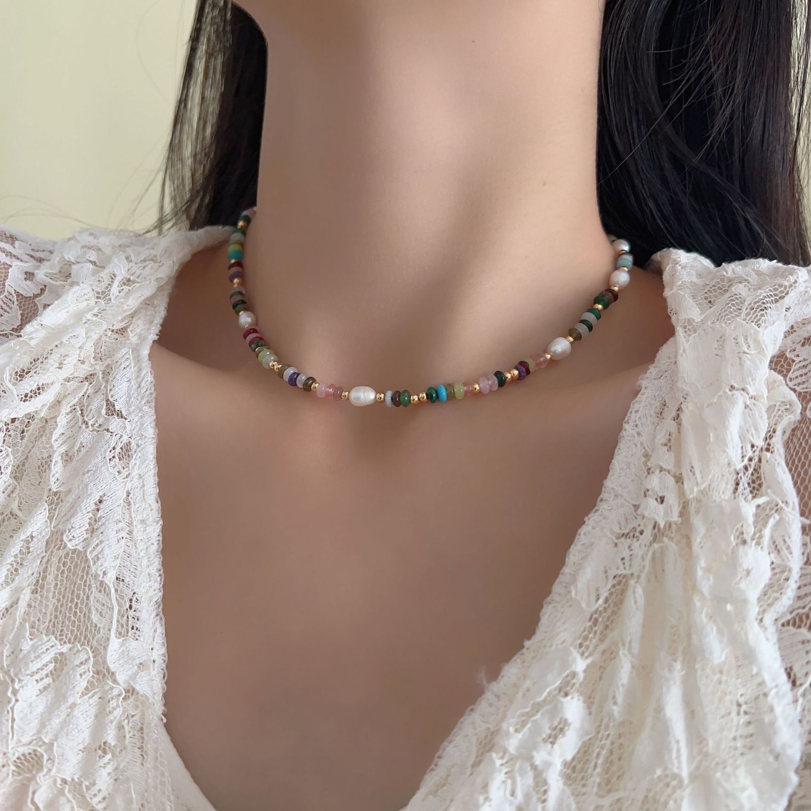 Natural stone womens collar ultimate cool childrens strand semi face bead antique gold-plated necklace 241017