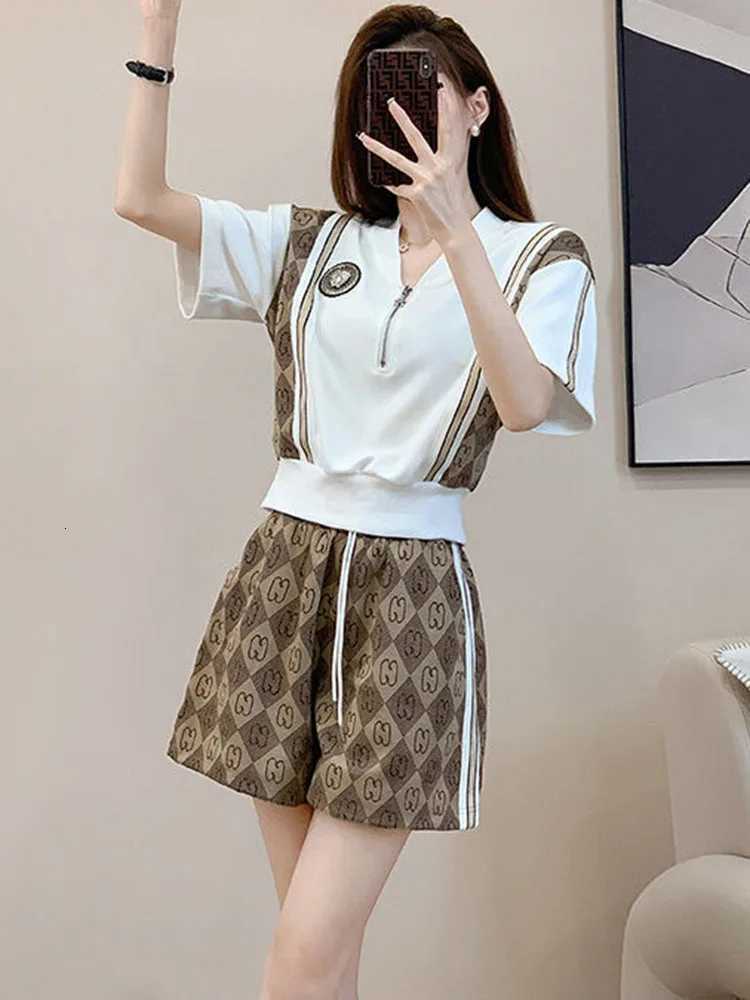 2026 Summer Women's 2 Piece Set, V-neck Short Sleeve Top & High Waist Loose Pants Casual TracksuitT260226