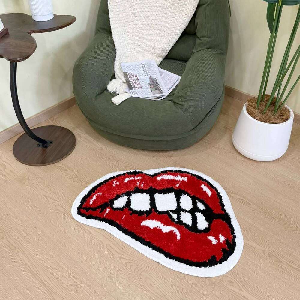 Bold Red Lips Tufted Rug Fluffy Anti-Slip Floor Mat for Bedroom Living Room Bathroom Creative Cartoon Mouth Shape Area Carpet W260226