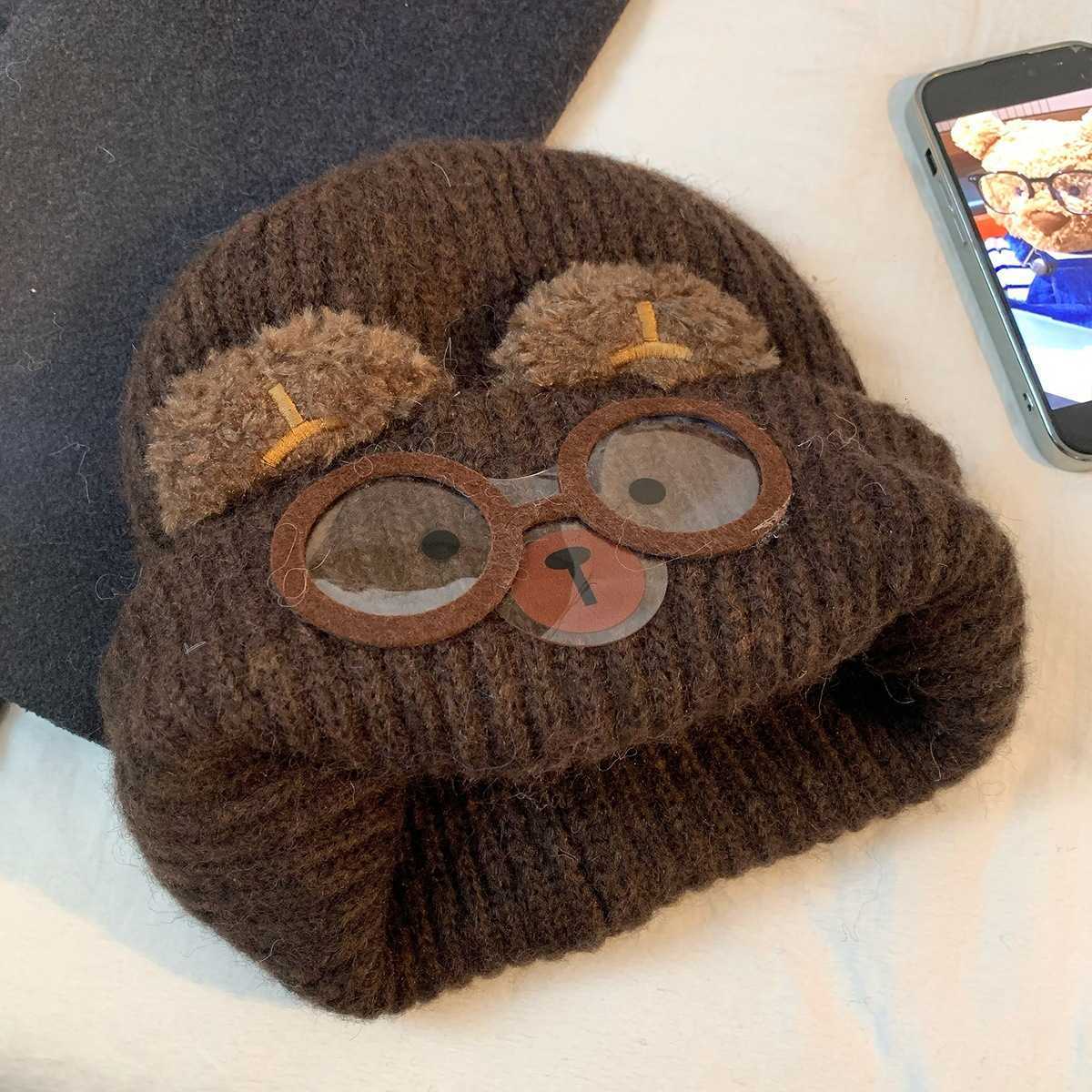 Cute Cat Ear Knitted Hat for Women Autumn and Winter Warmth Large Head Circumference Face Slimming Cartoon Cat Glasses Ear Protection Yarn Hat S260225