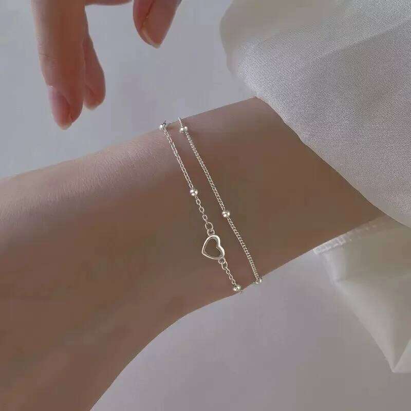 925 Sterling Silver Hollow Heart Bracelets For Women Girls Vintage Korean Design Double Layer Beads Bracelet Party Jewelry Gifts Z260225