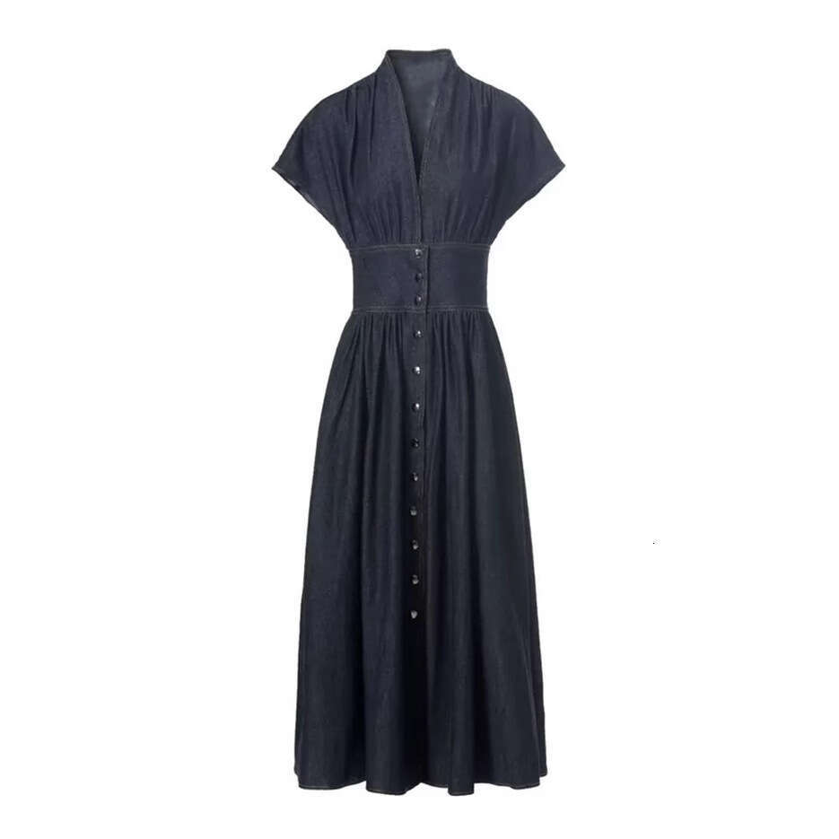 2026 fashion show women's elegant, intellectual, artistic, and simple V-neck waist cinched denim long skirt