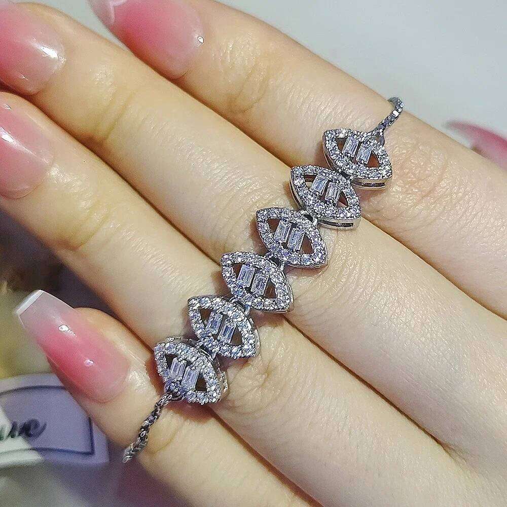 Moonso Marquise Square Cut Luxury Silver Color on Hand Tennis Bracelet Bangle for Women Valentine's Day Gift Jewelry S7973 Z260225