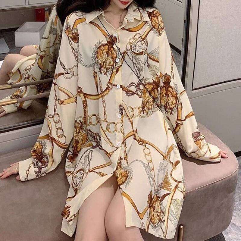 New Spring And Summer Loose Fitting Casual Fashion Trend Lapel Print Vintage Hong Kong Style Versatile Mid Length Shirt