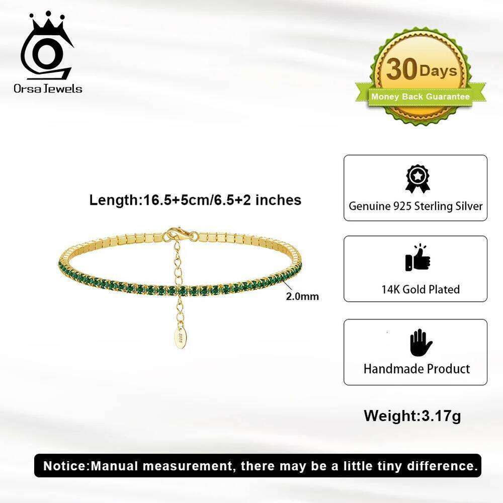 ORSA JEWELS Luxury 925 Sterling Silver Green 4A CZ for Women Adjustable 2mm Zircon Tennis Bracelet Jewelry SB191 Z260225