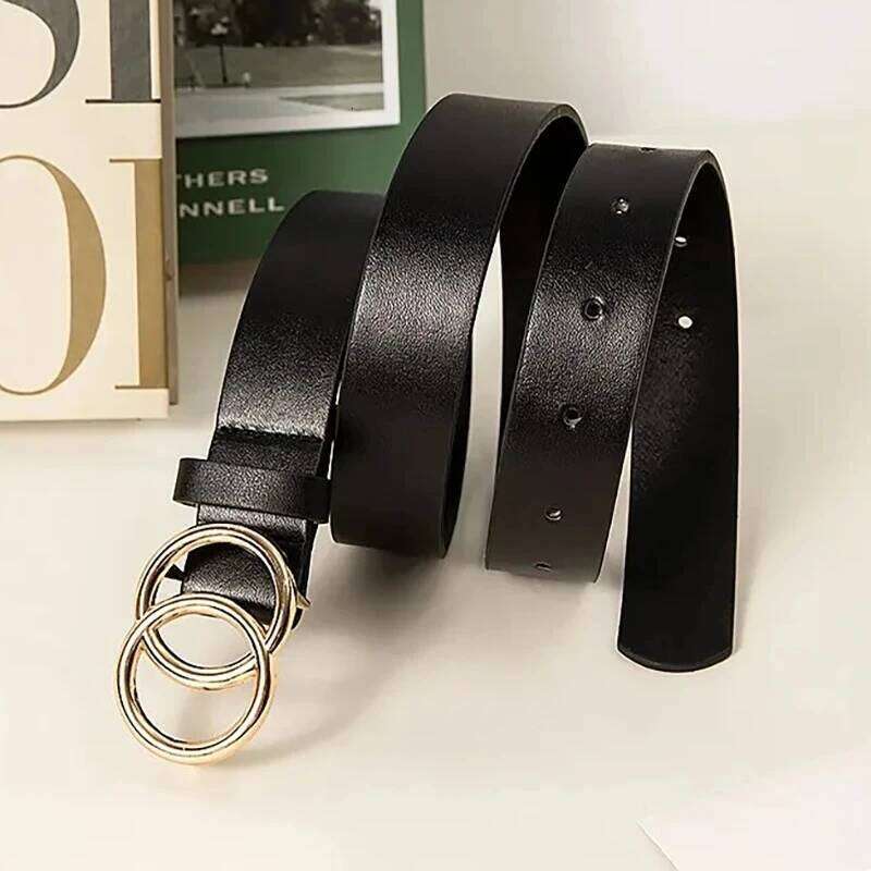 Women's Trend Double Round Buckle Simple And Versatile Youth Pu Leather Belt Paired With Jeans Skirt Women Belts Y260225