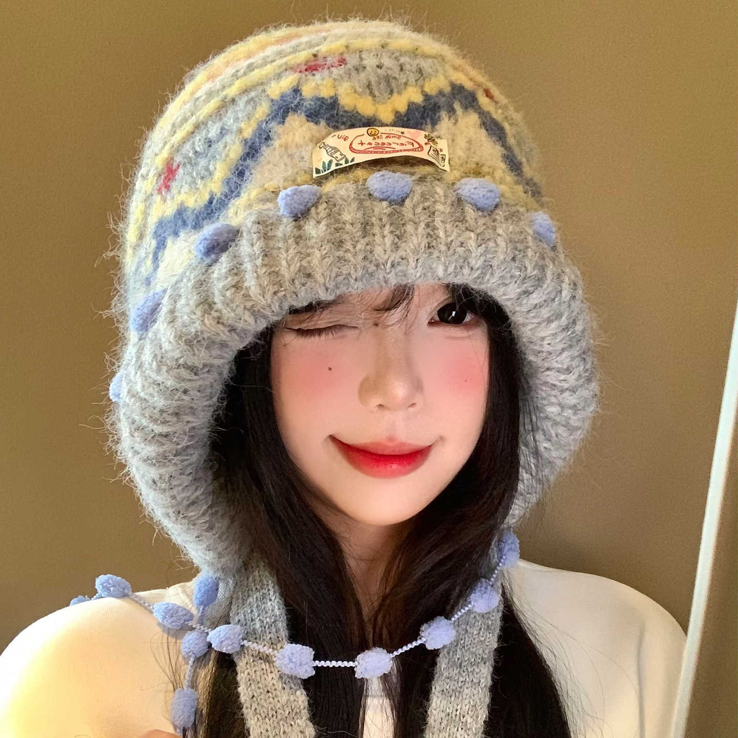 Fair Isle Knit Balaclava Hat for Women Autumn and Winter Face-Slimming Headwrap Thickened Warm Ear-Protecting Hat S2602251E7I