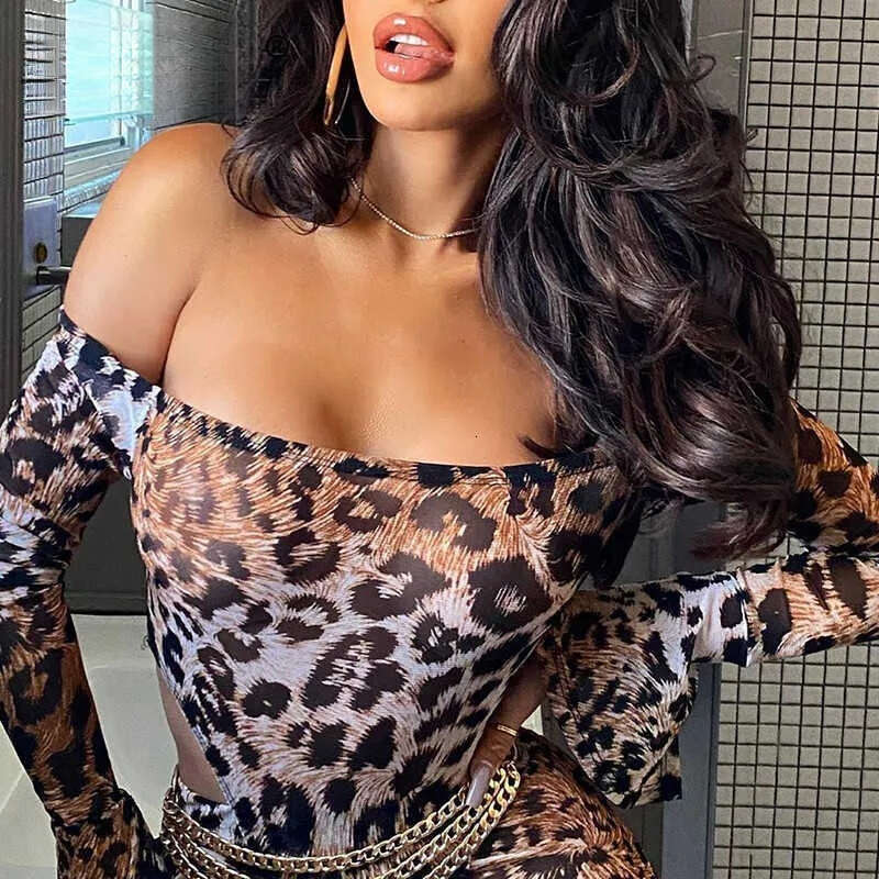 Leopard print women's thong leggings set long sleeved off shoulder elegant slim fit sexy streetwear club