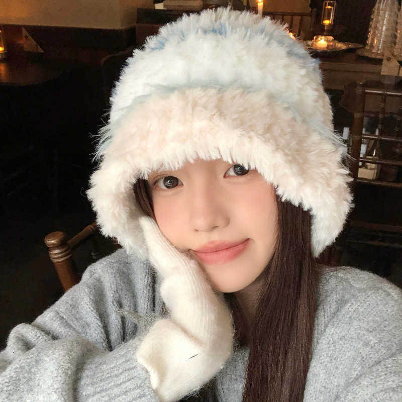 Style Plush Hat for Women Autumn and Winter Versatile Warm Ear Protection Face Slimming Knitted Cold Hat Large Head Circumference Fisherman Hat for Wi