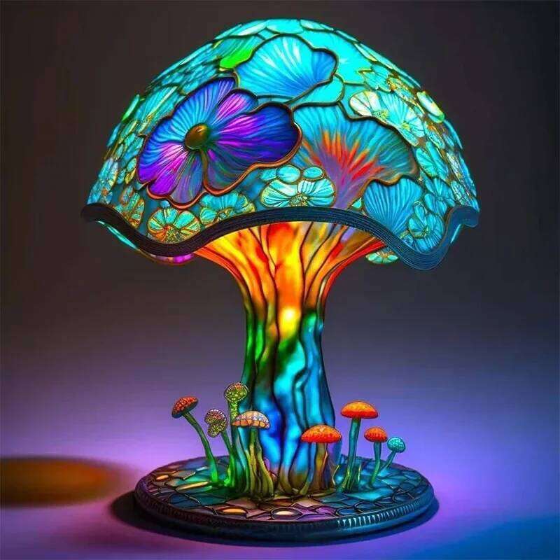 Creative Stained Plant Series Lamps Resin Colorful Bedroom Bedside Flower Mushroom Retro Table Night Lamp Atmosphere Light H260225