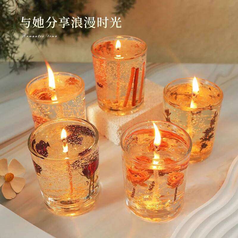 7x8.5cm Real Flower Jelly Scented Candle, Transparent Glass Cup Ornament, Creative Fragrance Jar Wax Souvenir Gift W260226