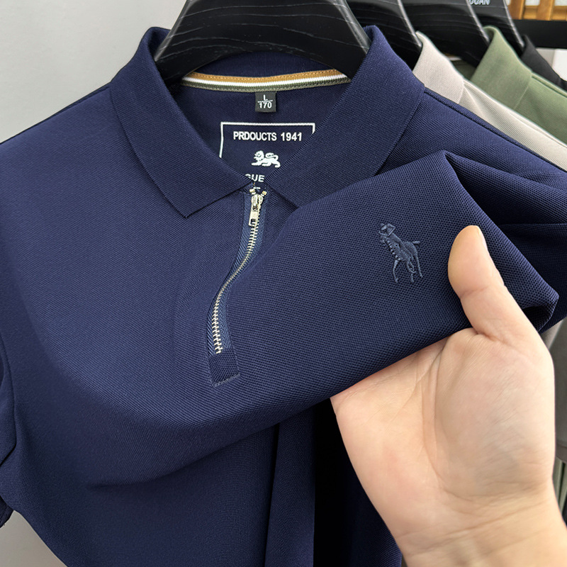 Mens Embroidered Pony Polo Shirt with Half Zipper - Trendy Short Sleeve Design