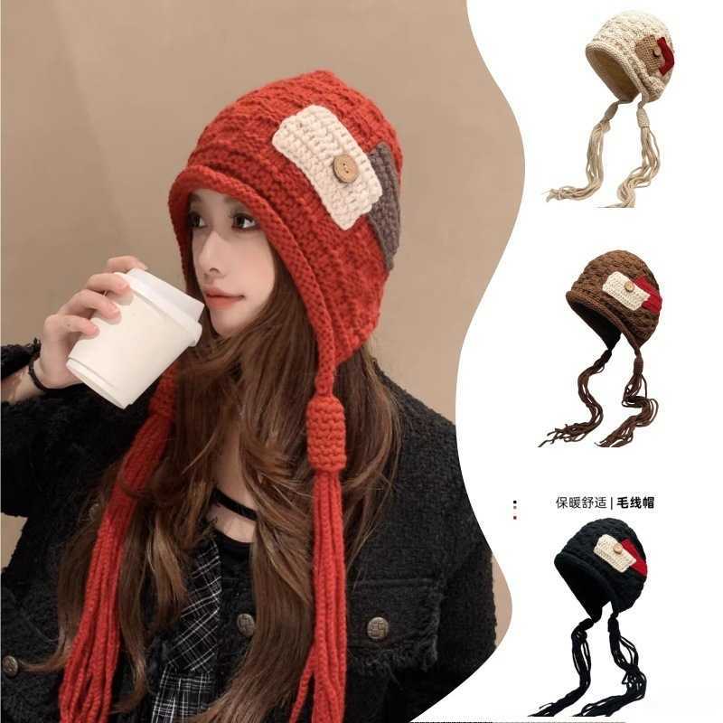 New Fashion Patchwork Tassel Knitted Hat for Women Autumn and Winter Warm Wool Hat Christmas Little Red Riding Hood Korean Style Face Slimming S260225