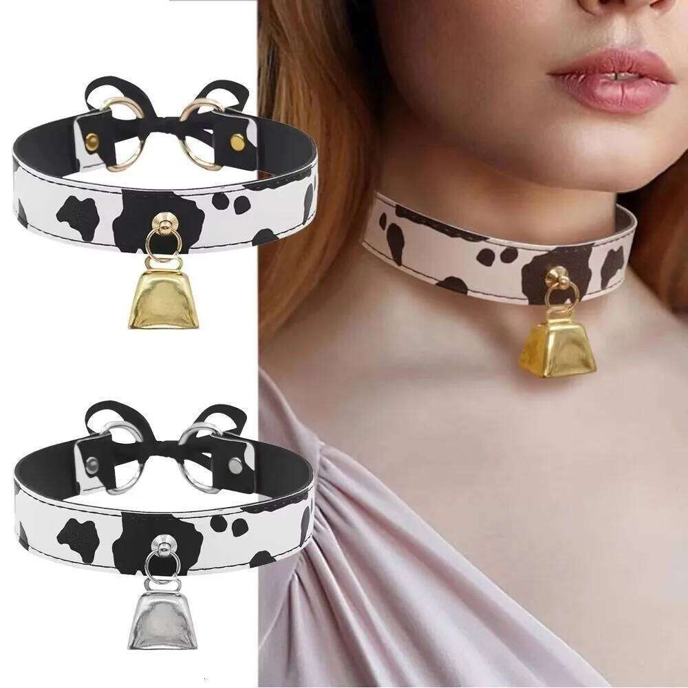 Sexy Leather Choker Cow Print Adjustable Bell Collar Women Necklace