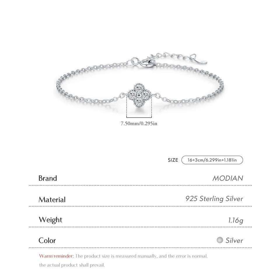 MODIAN 925 Sterling Silver Exquisite Lucky Four Leaf Clover CZ Link Chain Stackable Sweet Bracelet For Women Daily Fine Jewelry Z260225