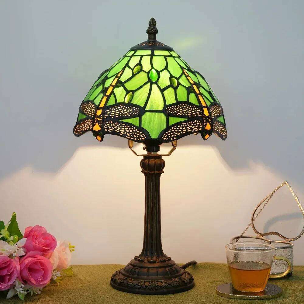 Stained Glass Table Lamp, Antique Green Tiffany Style Reading Light for Bedroom, Living Room and Office Decor Lampara Salon H260225