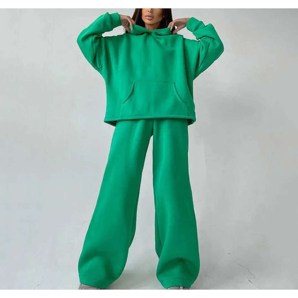 Women's casual two-piece set super large hooded sweatshirt autumn fashion sports wide leg with pocket 2026