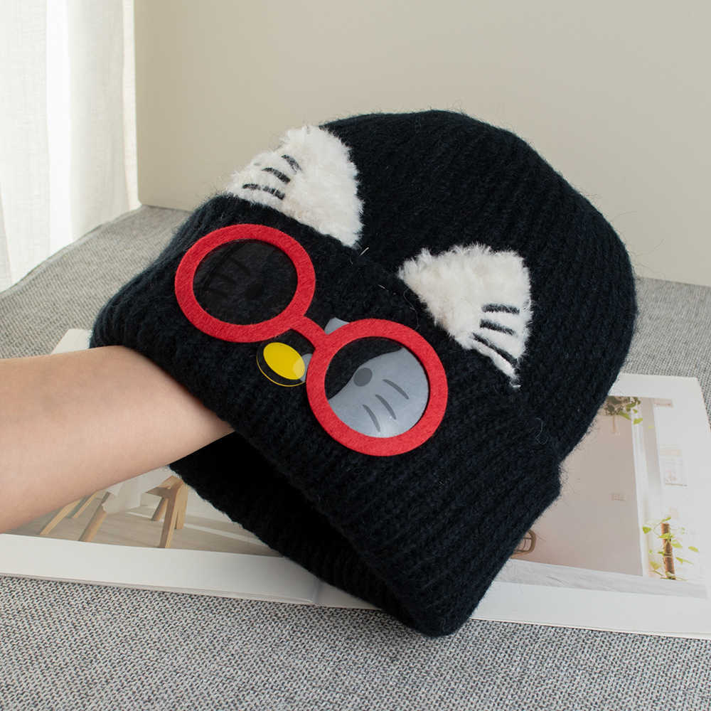 Cute Cat Ear Knitted Hat for Women Autumn and Winter Warmth Large Head Circumference Face Slimming Cartoon Cat Glasses Ear Protection Yarn Hat S260225