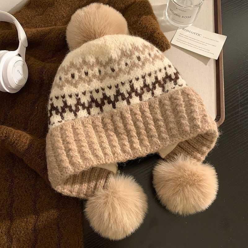 Winter fleece-lined thickened knitted hat Fair Isle style cold-proof warm ear-protecting cold weather beanie headwrap slimming hat S260225
