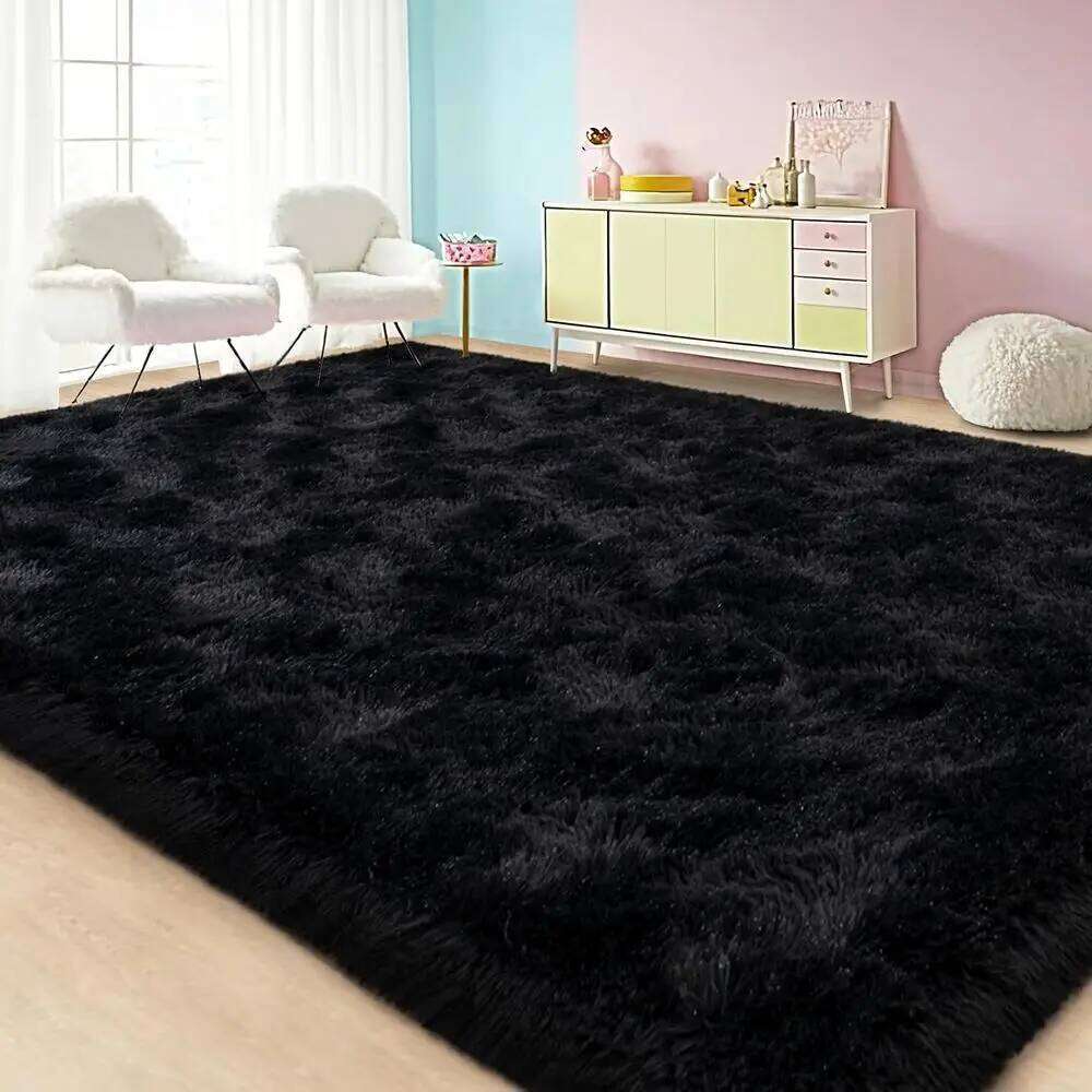 8x10 Ft Black Plush Shag Rugs, Soft Shaggy Carpet for Living Room, Bedroom, Kids Rooms & Home Decor W260226
