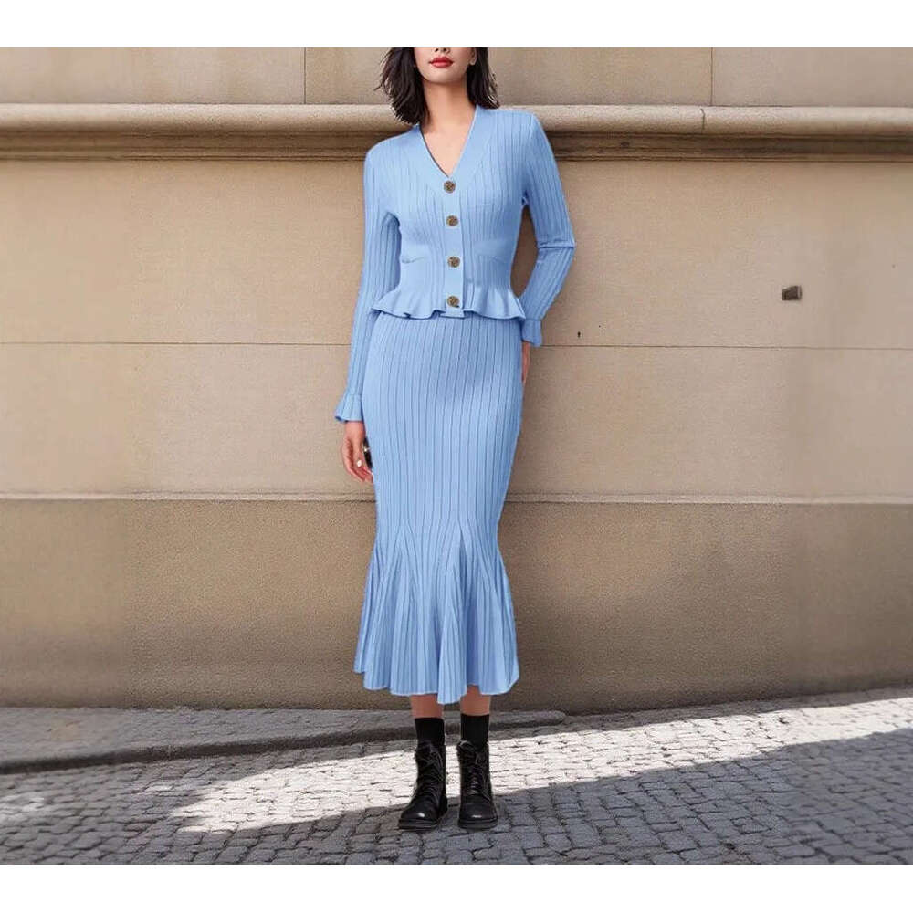 Designer French V-neck pleated sleeve cardigan slim fit mermaid long skirt elastic knit two-piece set for women