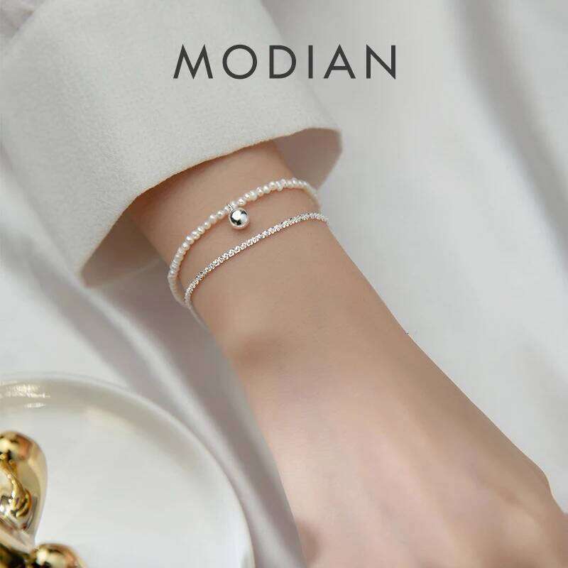 Modian 100% 925 Sterling Silver Double Layer Natural Pearls Adjustable Dazzling Chain Bracelets For Women Fine Jewelry 2021 New Z260225