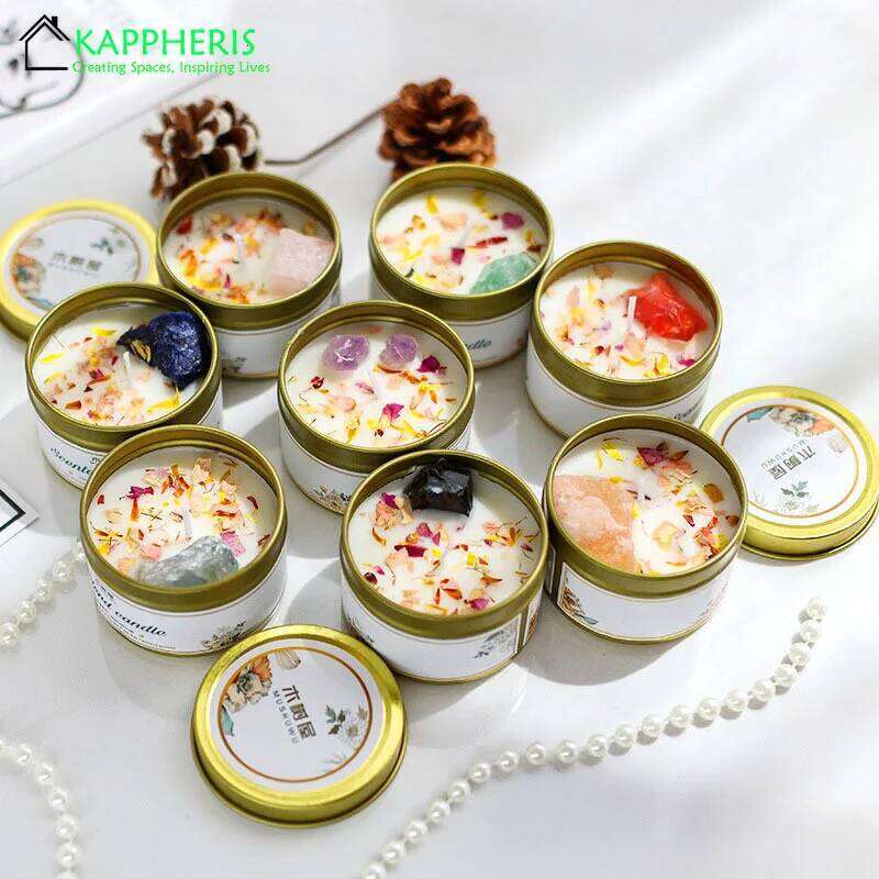 Scented Aromatic Crystal Dried Flower Candle In Gold Tin Jars for Home Decoration Centerpiece Wedding Guest Gift Candles W260226
