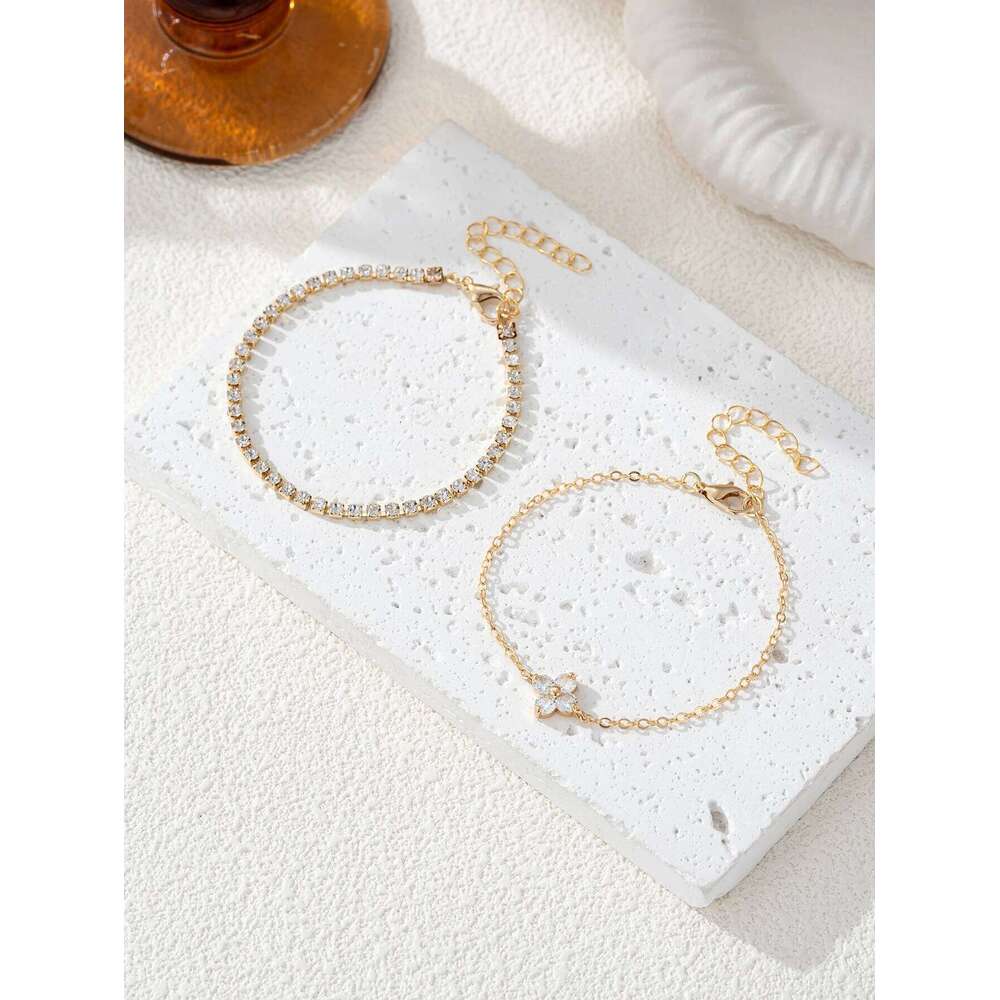 2pcs Simple Cubic Zirconia Flower Water Chain Women's Bracelet Set Daily Office Jewelry Z260225