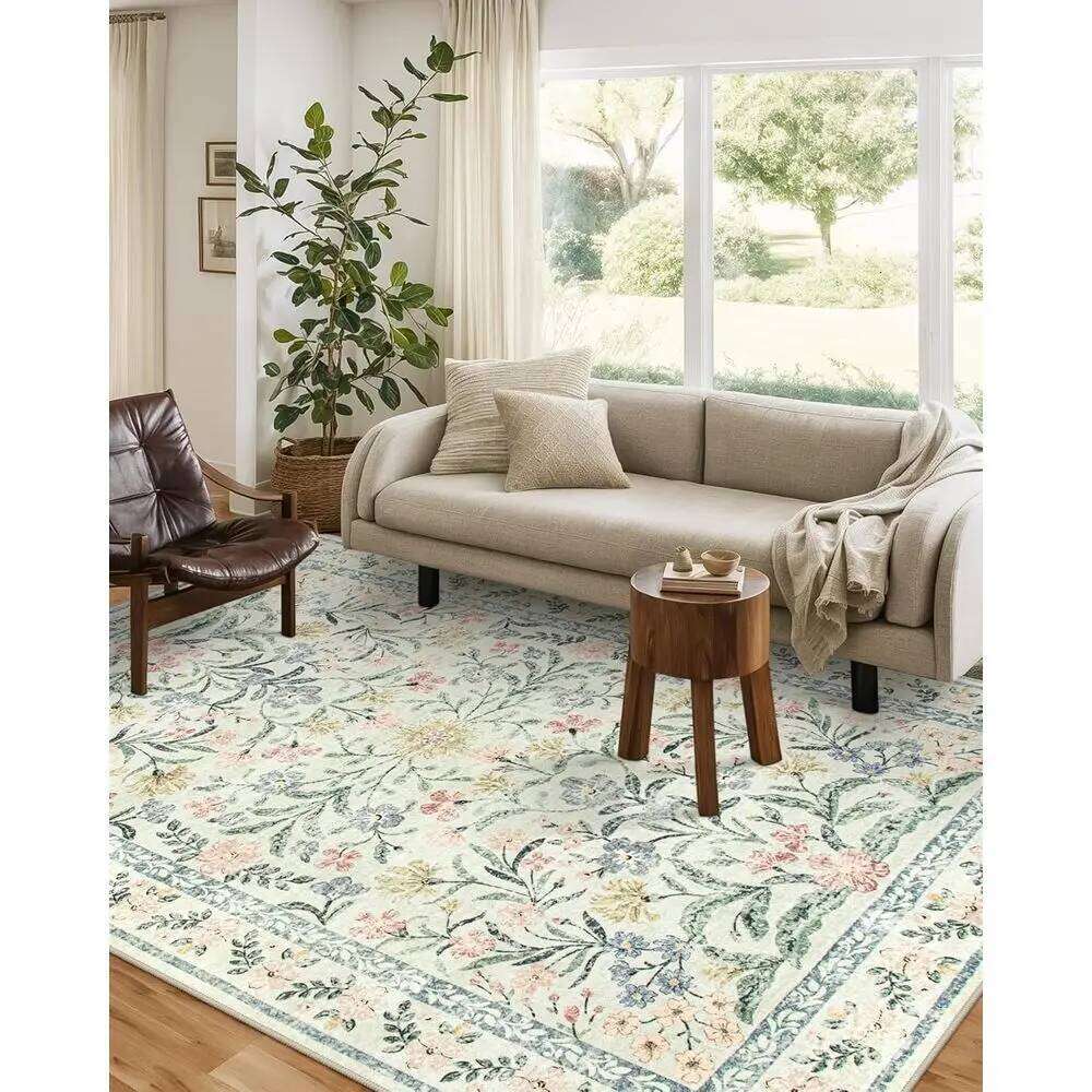 5x7 Washable Floral Area Rug, Soft Boho Style Carpet for Bedroom, Non-Slip Beige Living Room Mat W260226