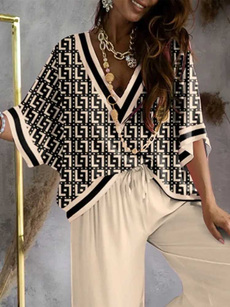 Freeacy Summer Casual Suit for Women Deep V-neck Half Sleeve Printed Top & High Waist Wide Leg Pants Thin OutfitT260226