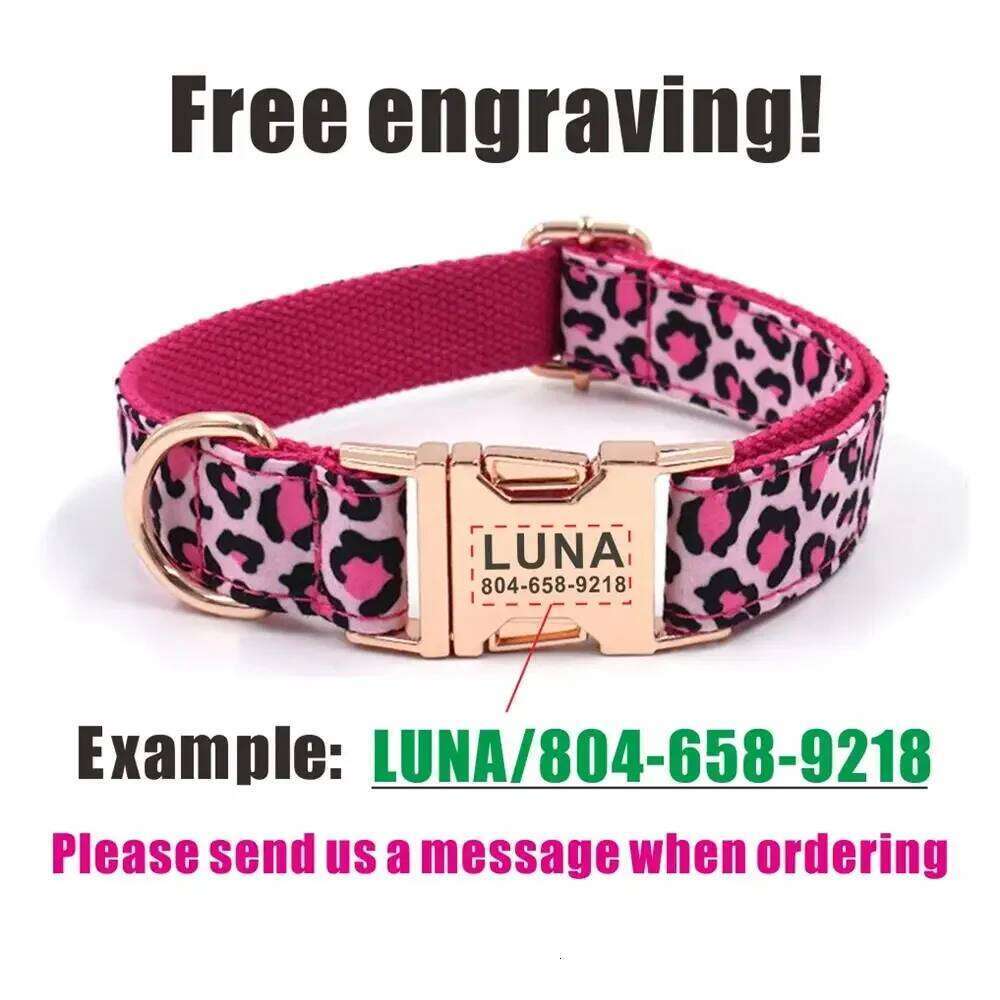 Personalized Dog Customized Collars Free Engraving ID Nameplate Tag Pet Accessory Pink Leopard Puppy Collar Leash