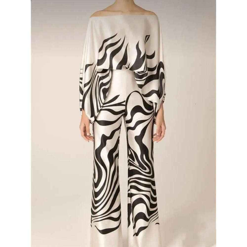 Women's Pants Women's Satin Summer Lantern Sleeve Off Shoulder Shirt Office Women's Fashion Casual Wide Leg Set