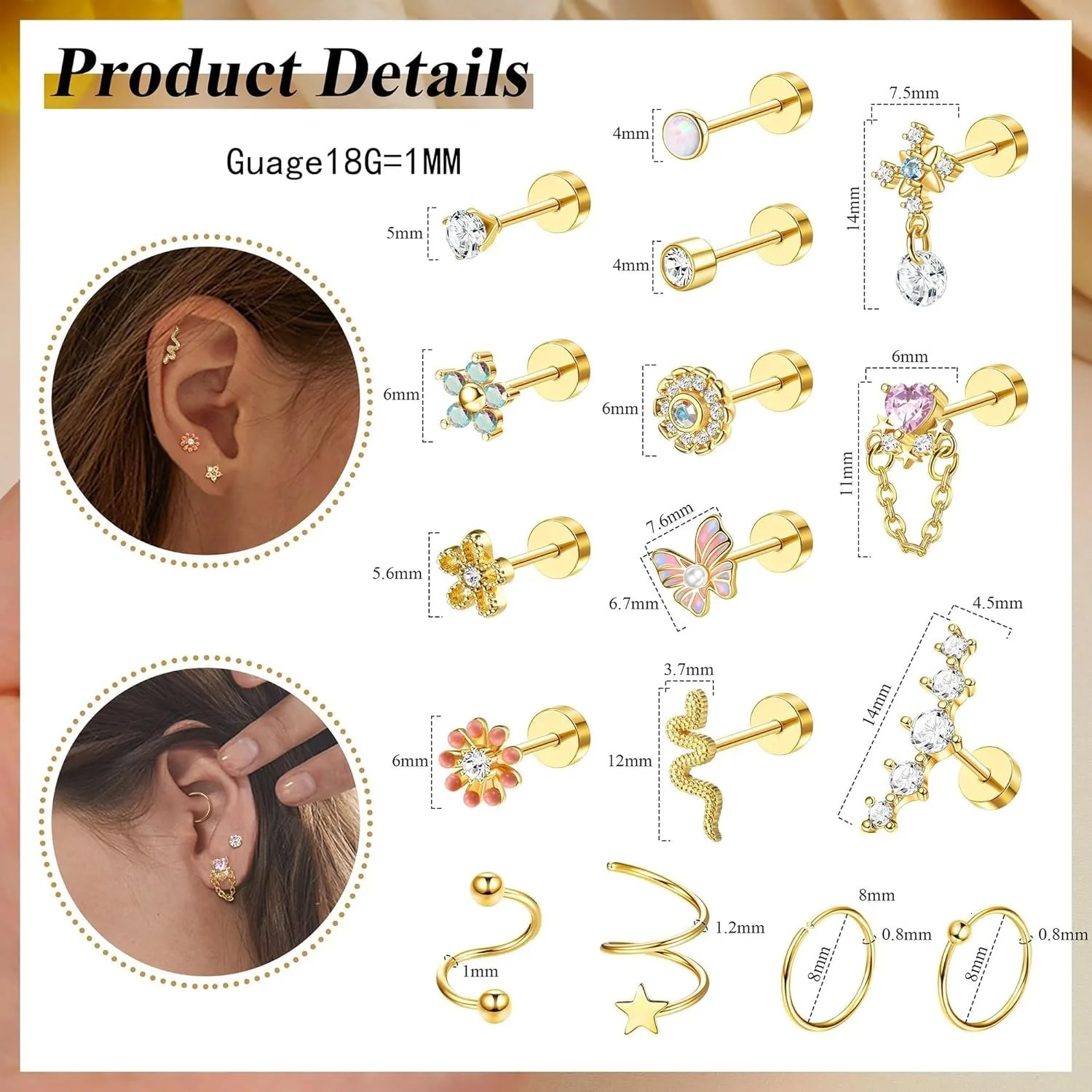 Bobisty 1PC Cartilage Earring Stud for Women Steel Flat Back Earrings Hoop Flower Snake Shape Helix Piercing Jewelry 260126
