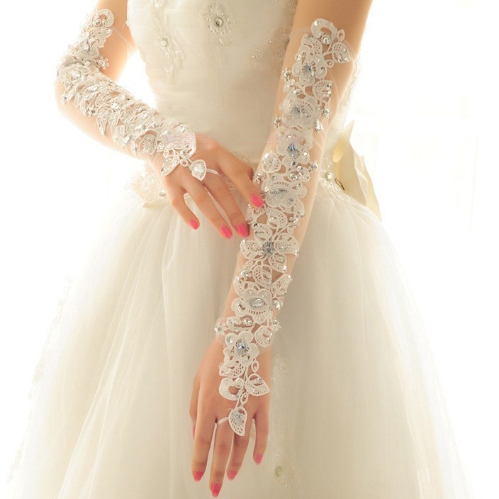 Fingerless Rhinestone Lace Bridal Wedding Gloves Long Fancy Party Wedding Opera Appliques Gloves 250408